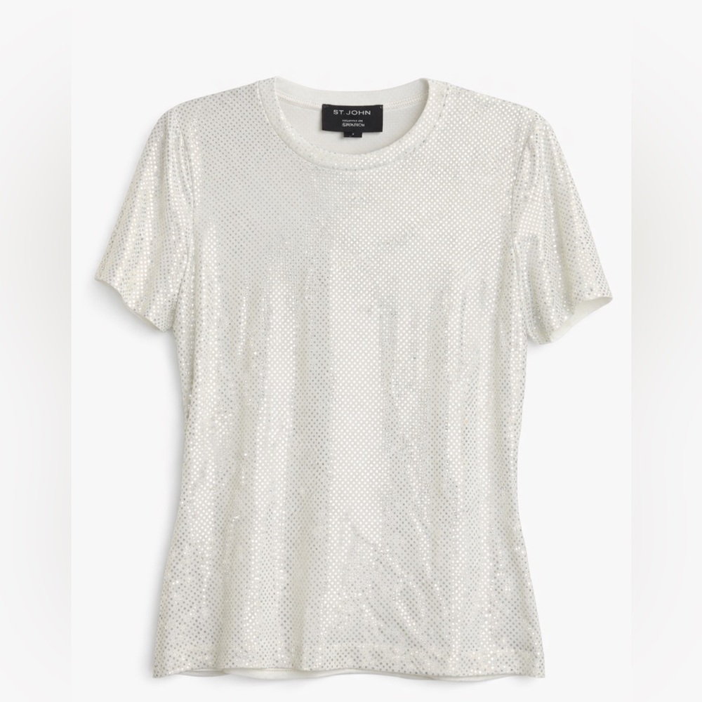 St. John White Sequin Short Sleeve Tee